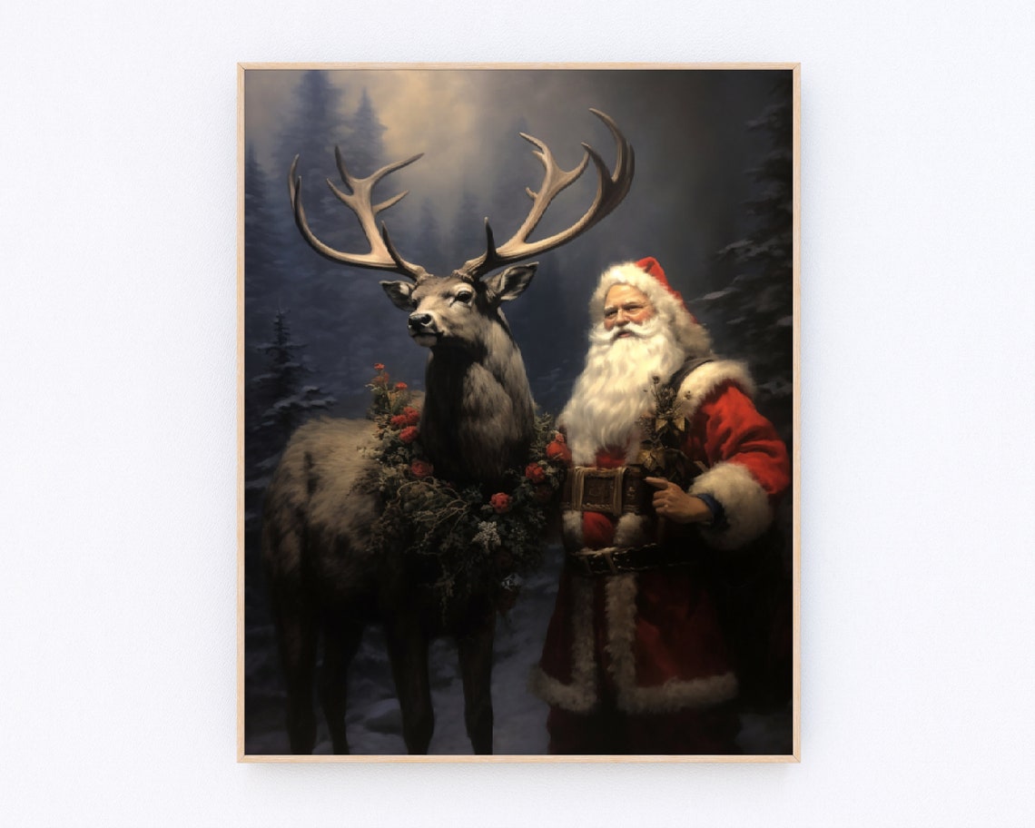 Santa Claus with Reindeer in Snowy Pine Forest Christmas Wall Poster
