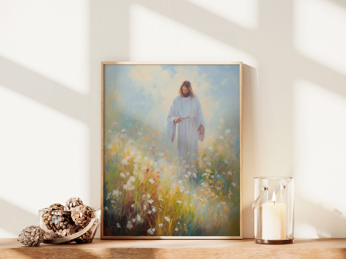 Jesus Walking in Wildflower Meadow Soft Light Christian Art Poster - Image 2