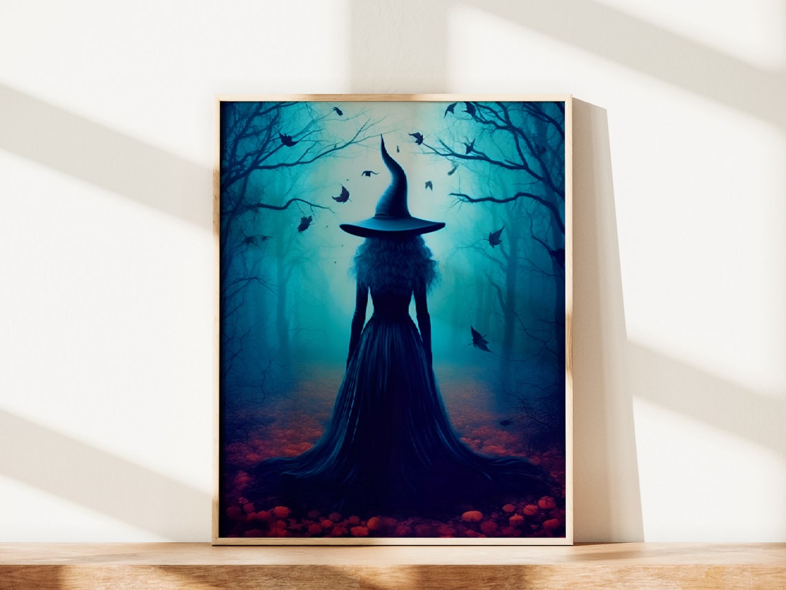 Mystical Witch in Dark Forest Crows Teal Mist Halloween Wall Poster - Image 3