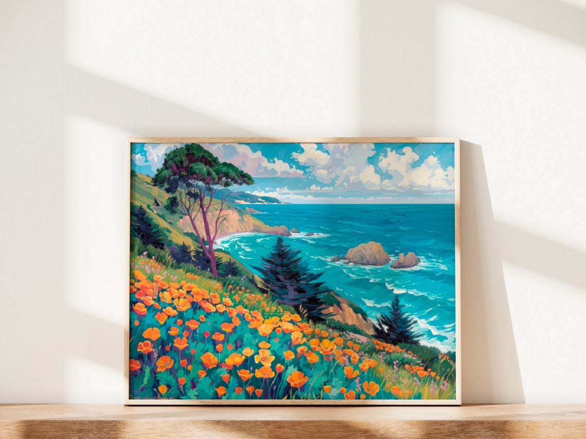 Big Sur Painting California Poppy Watercolor Painting California Landscape Print Usa Travel Poster Travel Gift P591 - Image 2