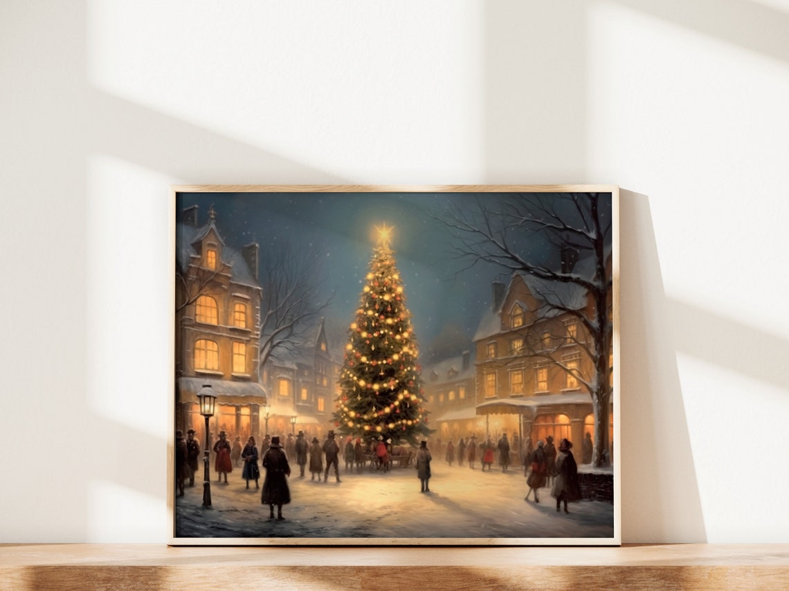 Victorian Town Square Christmas Tree Lighting Night Winter Art Poster