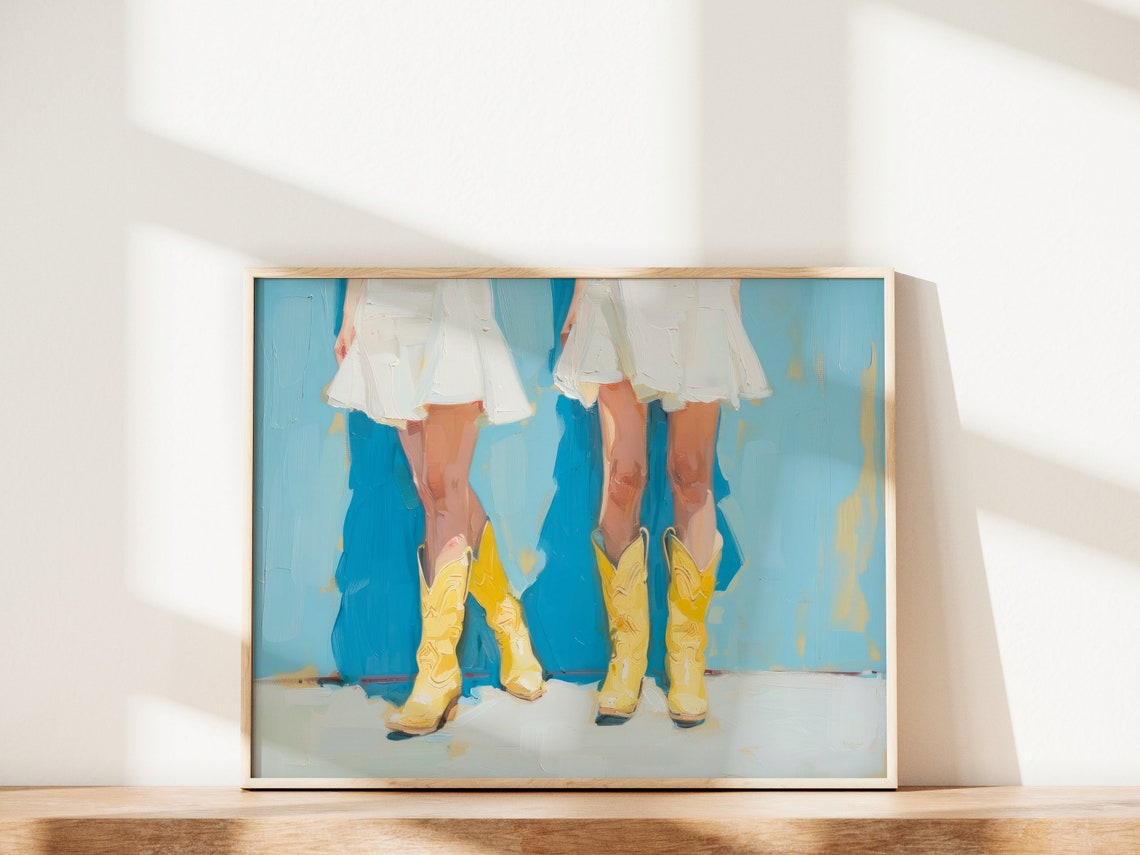 Yellow Cowboy Boots White Skirt Blue Wall Western Painting Poster - Image 2