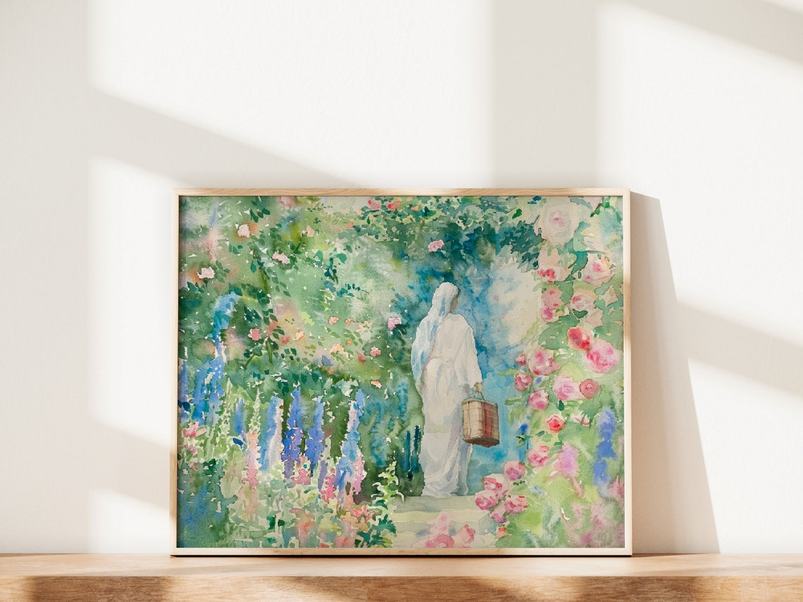 Virgin Mary with Basket Walking Through Flowering Garden Poster - Image 2