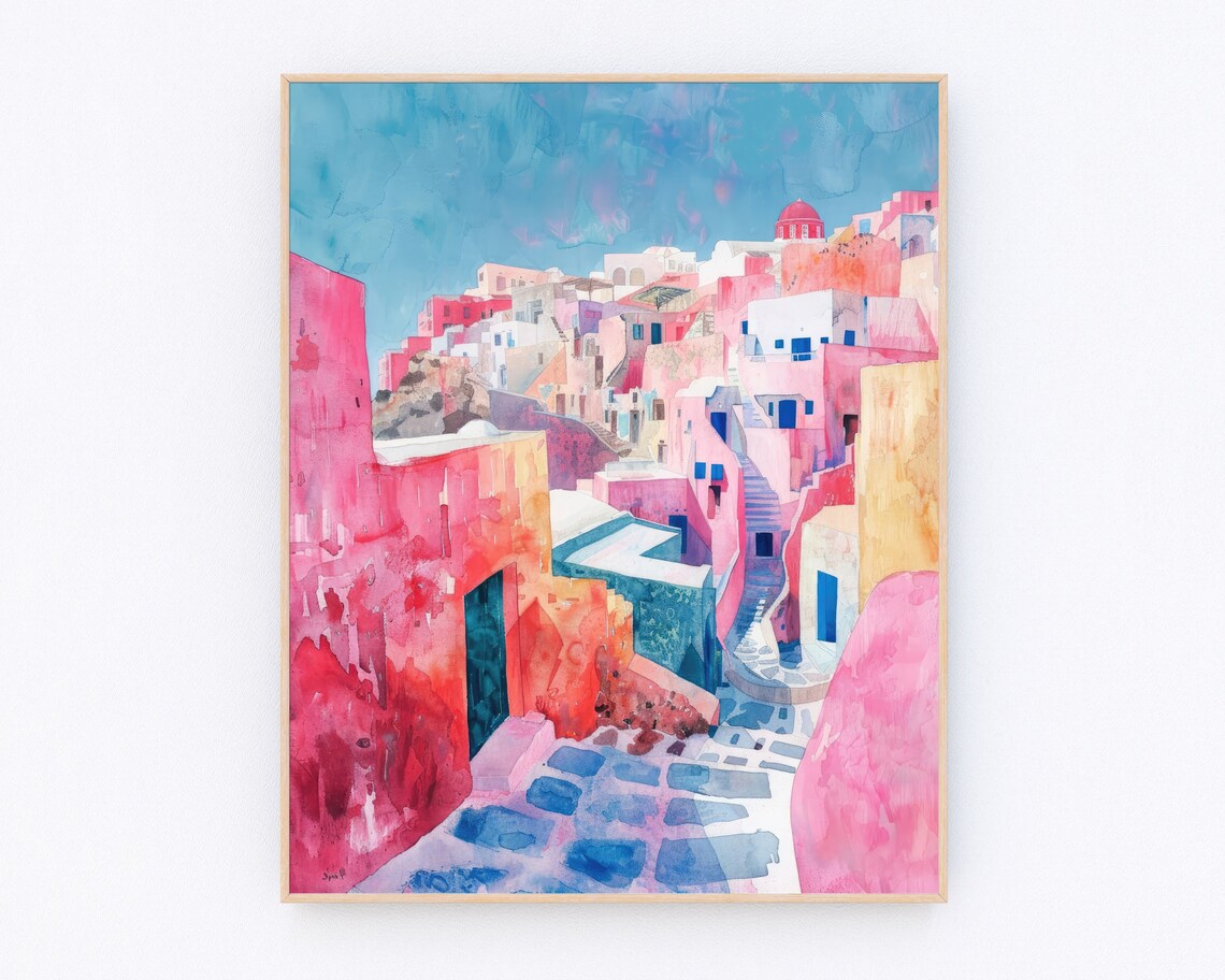 Santorini Oia Greece Pink and Blue Alleyways Watercolor Travel Poster