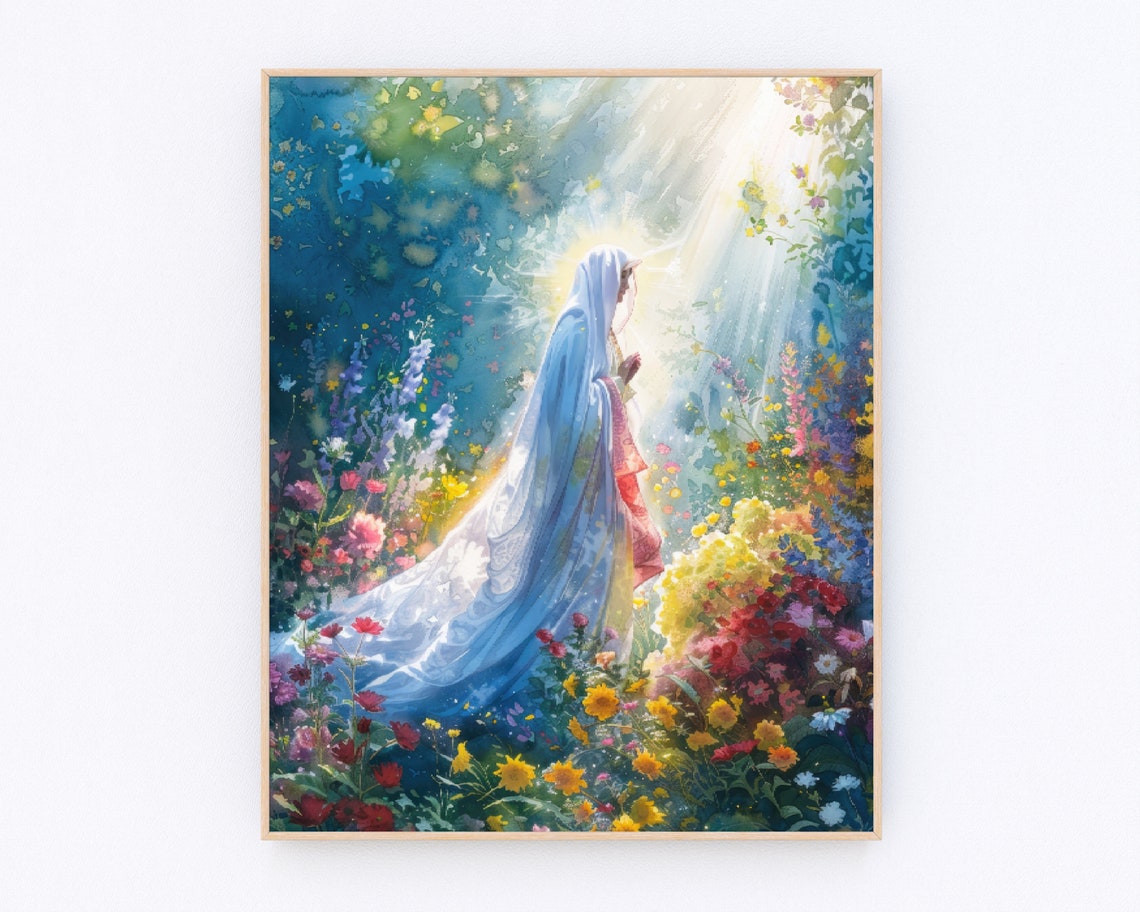Blessed Virgin Mary in Flower Garden Light Rays Catholic Wall Poster