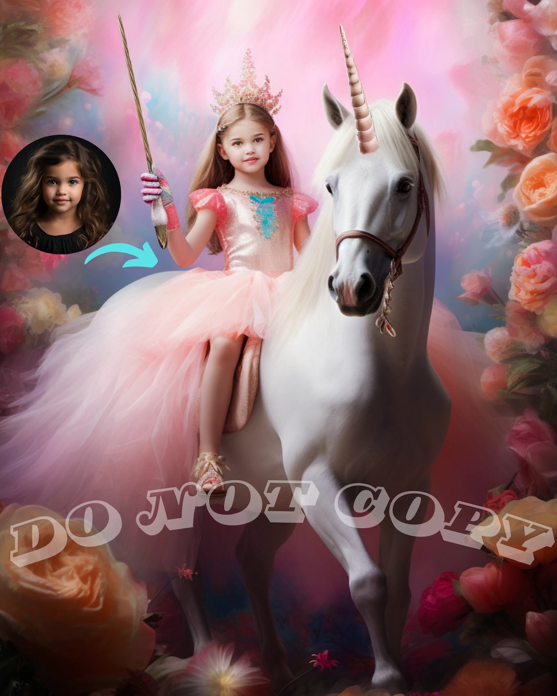 Personalized Princess Riding Unicorn Portrait Art Print - Image 2