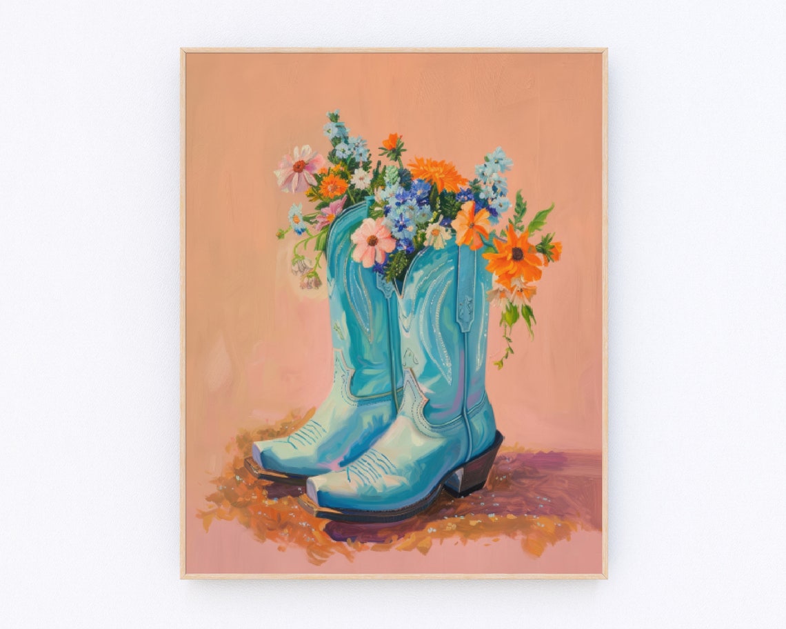 Blue Cowgirl Boots Painting Floral Western Print Pink And Blue Country Dorm Room Wall Art Coastal Print Girly Dorm Decor P580