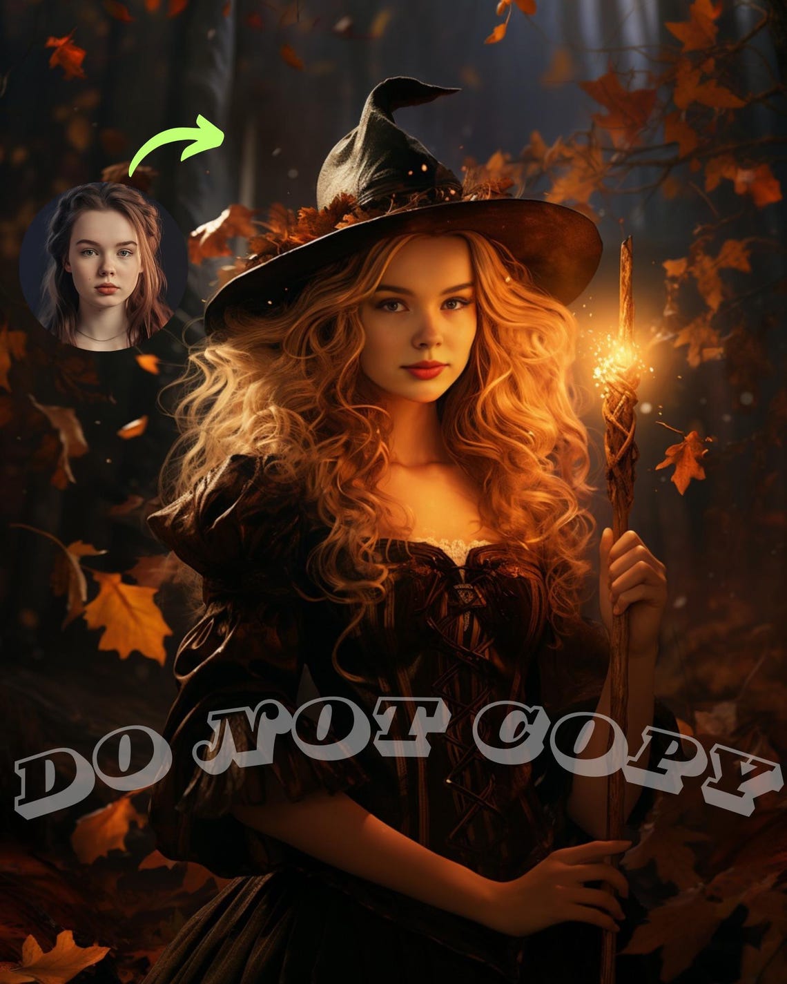 Personalized Autumn Witch Portrait Holding a Glowing Staff Poster - Image 2