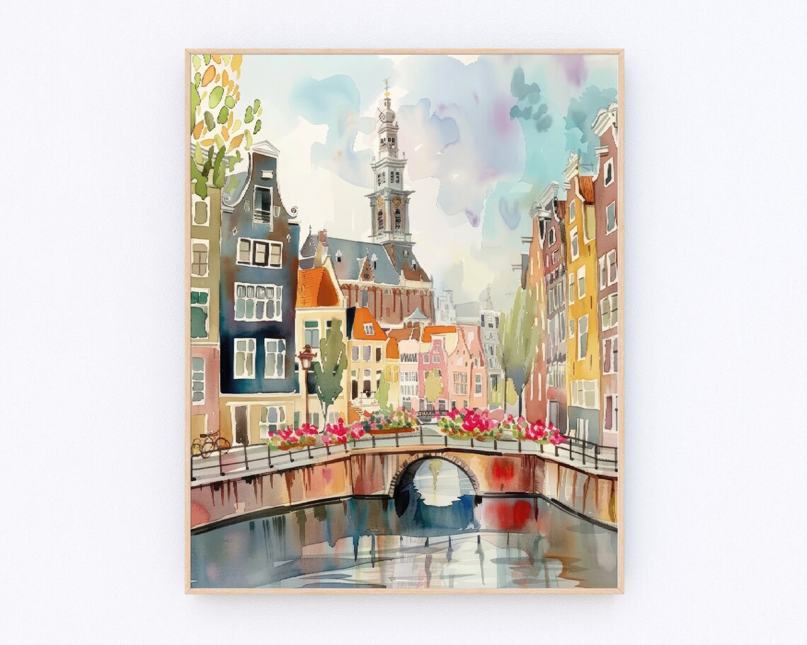 Amsterdam Canal Scene with Church Tower Watercolor Travel Poster