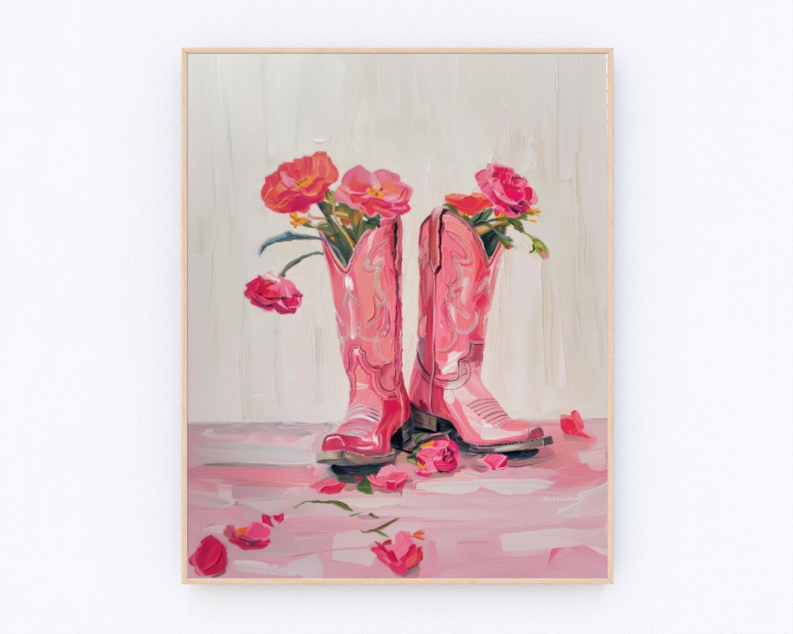 Pink Cowgirl Boots Flower Vase Floral Western Painting Poster