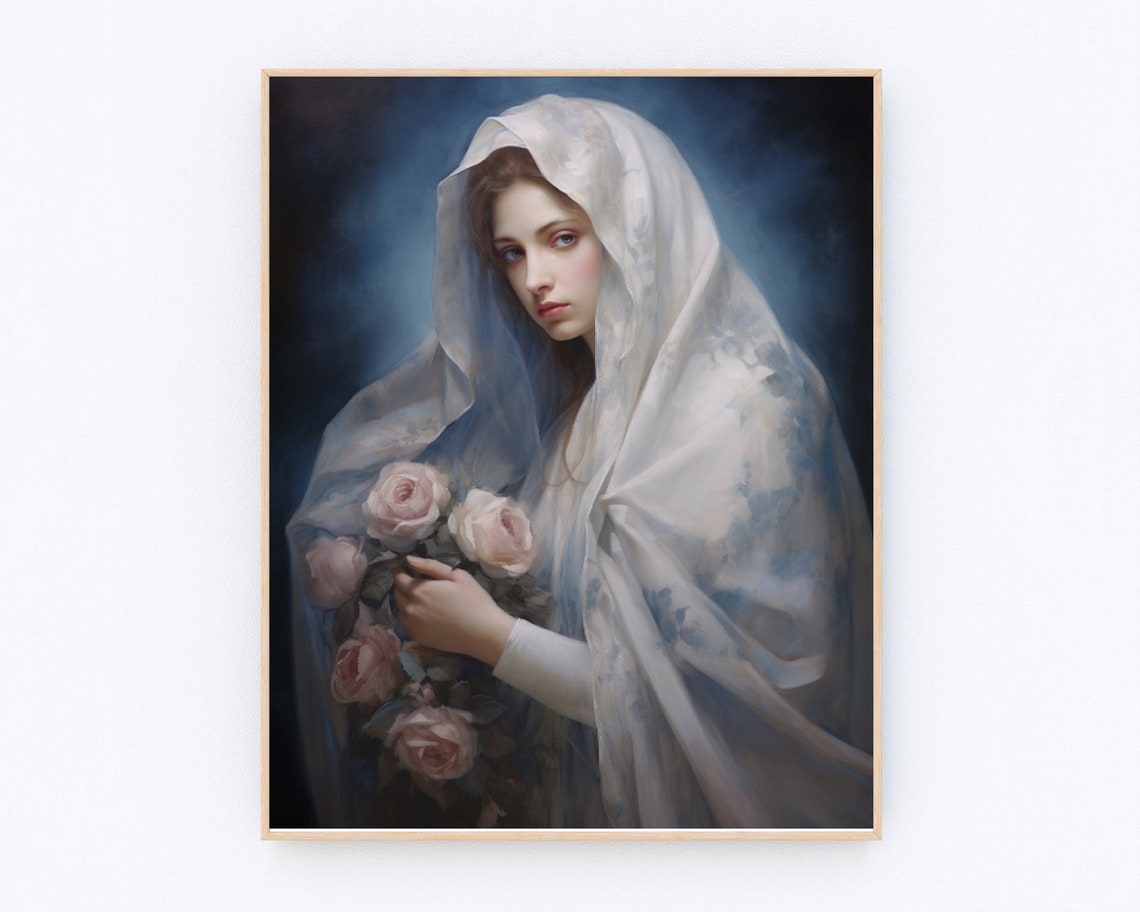 Mother Mary with Pink Roses White Veil Portrait Catholic Wall Poster