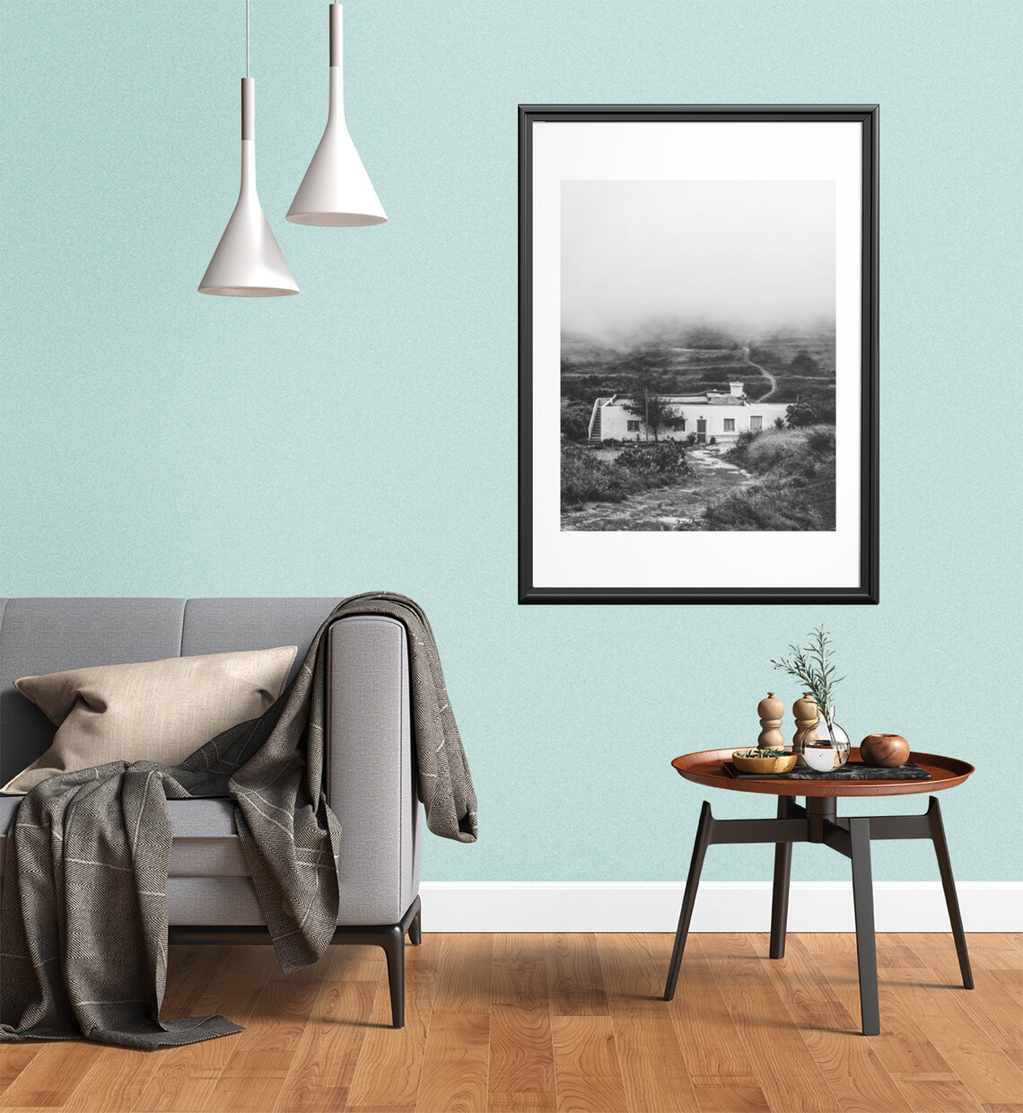 Foggy Black And White Farmhouse On Hill Moody Rural Photo Poster - Image 3