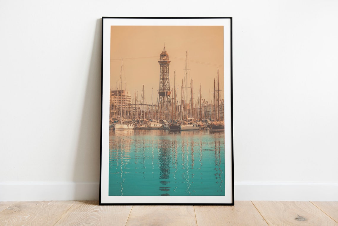 Barcelona Harbor Marina Sailboats Cable Car Tower Sunset Poster