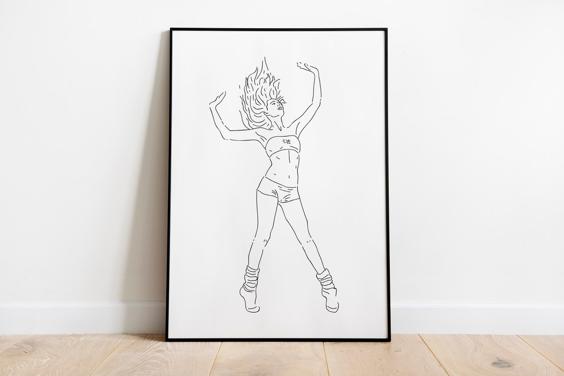 Minimalist Line Drawing Dancing Woman Flowing Hair Art Decor Print
