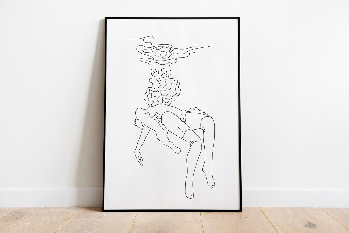 Woman Floating Underwater One Line Art Poster Minimalist Decor