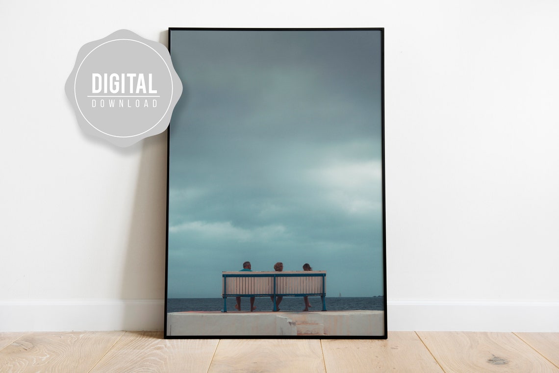 Couple on Bench Seaside Photo Print Moody Ocean Photography Wall Decor - Image 4