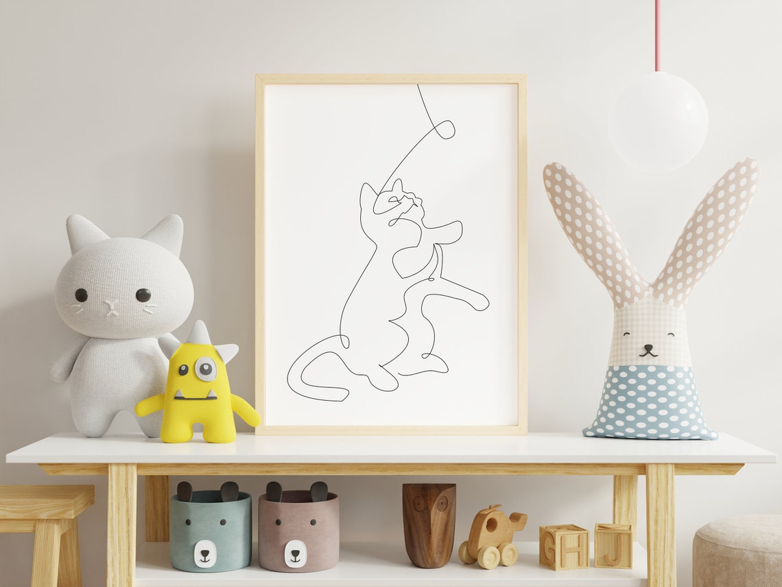 Minimalist One Line Drawing Cat Playing With String Art Decor Print - Image 4