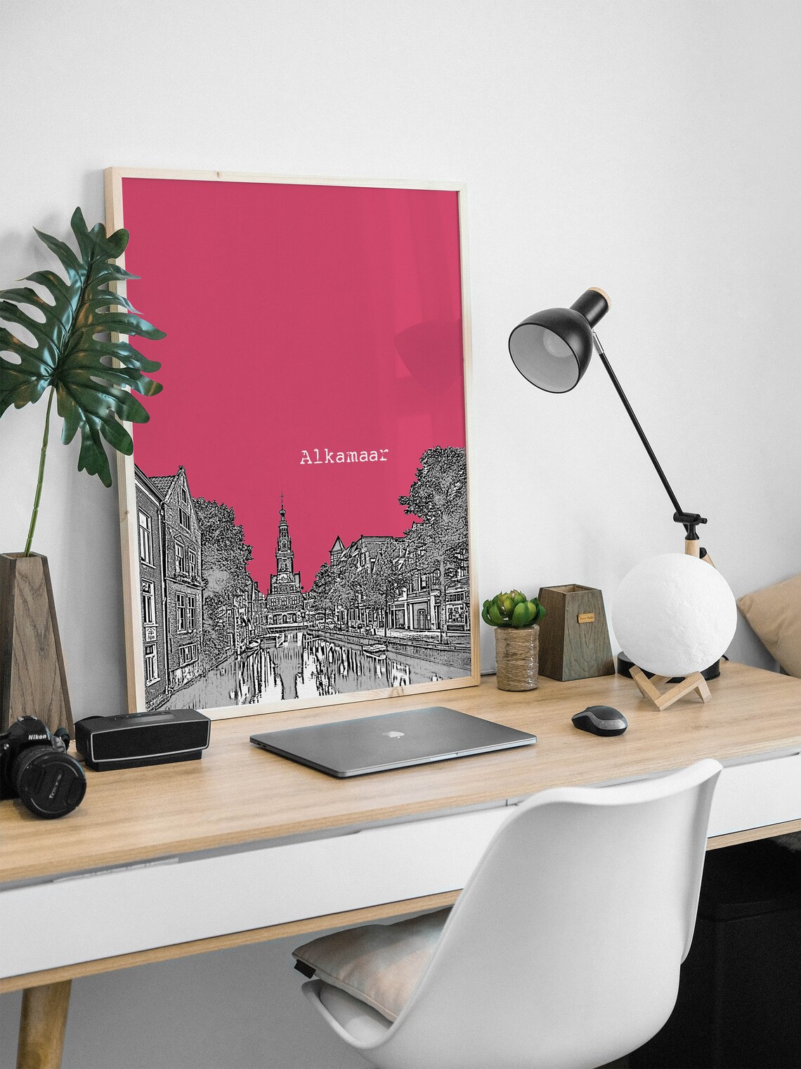 Alkamaar Pink Pop Art Dutch Canal Tower Town Sketch Print Decor