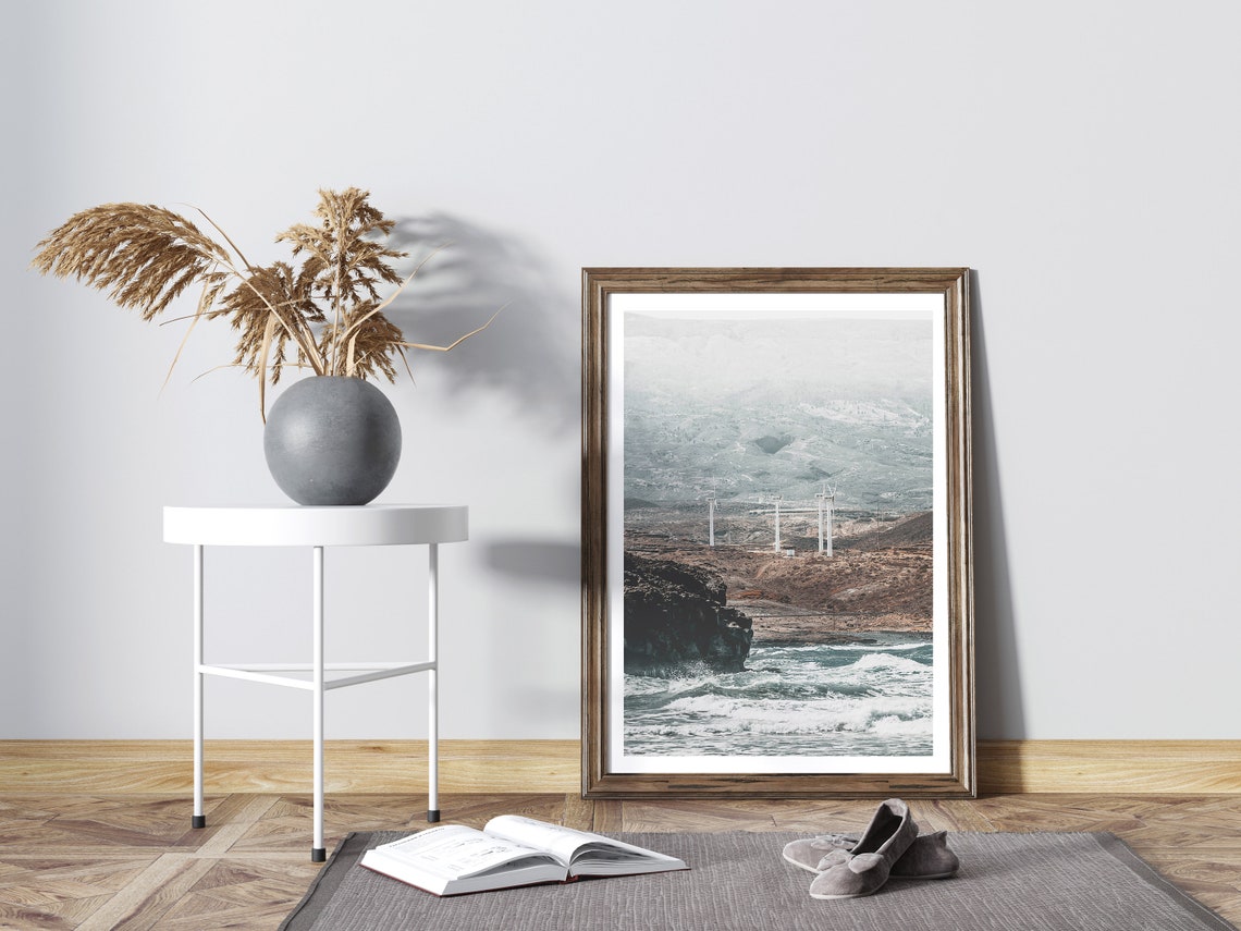 Wild Coastal Cliffs Crashing Waves Wind Turbines Landscape Poster - Image 4