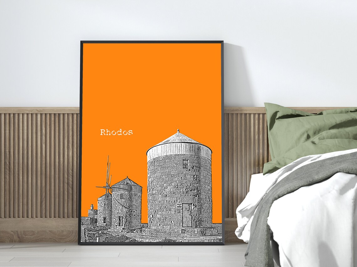 Rhodos Island Greece Skyline Windmill Poster, Modern Travel - Image 2