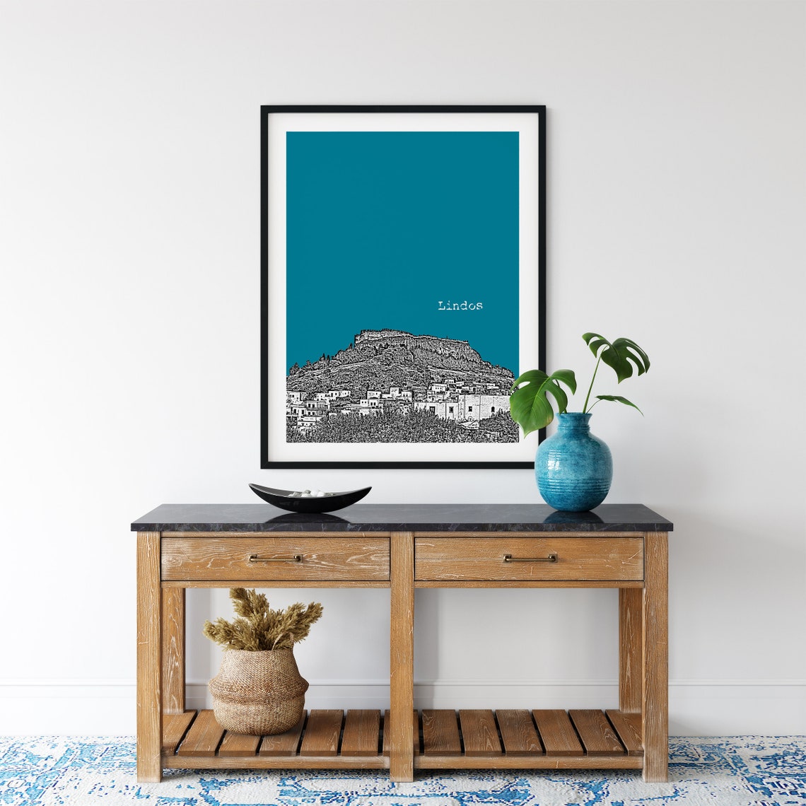 Lindos Greece Acropolis Hill Color Block Poster Custom Sky Color - Image 3