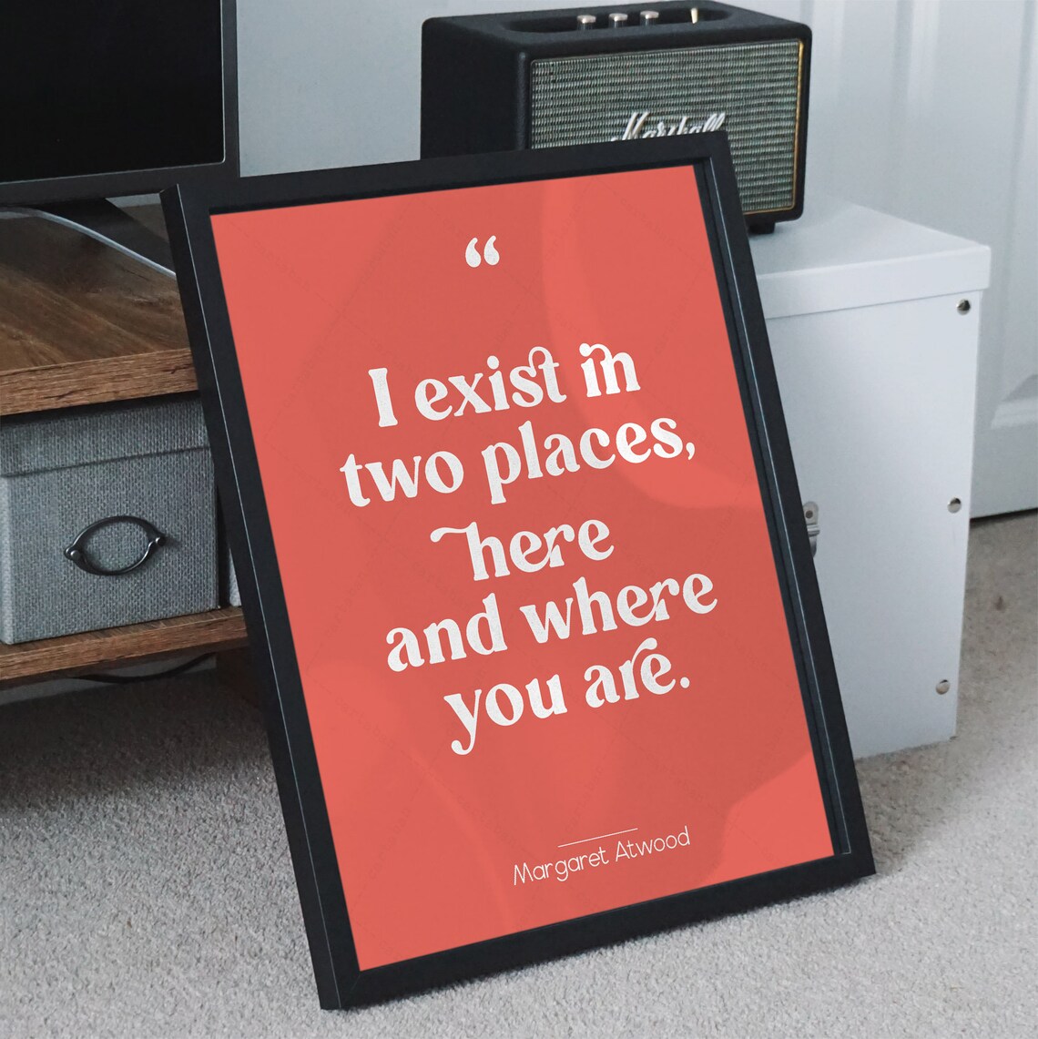 Margaret Atwood I Exist In Two Places Quote Coral Minimalist Wall Poster - Image 2