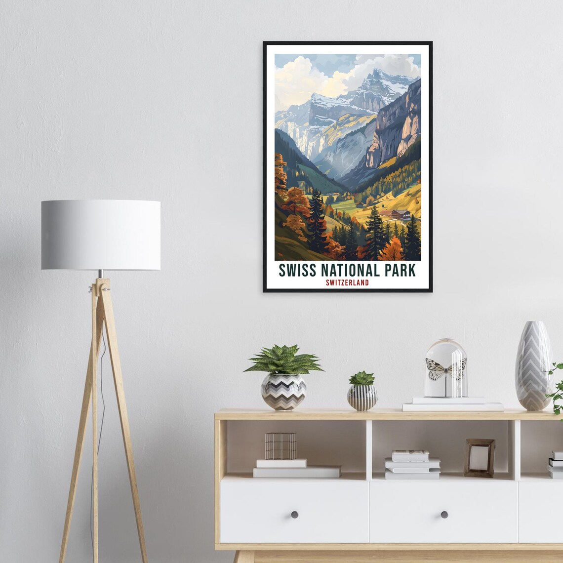 Swiss National Park Alpine Valley Chalets Autumn Pines Travel Poster - Image 3