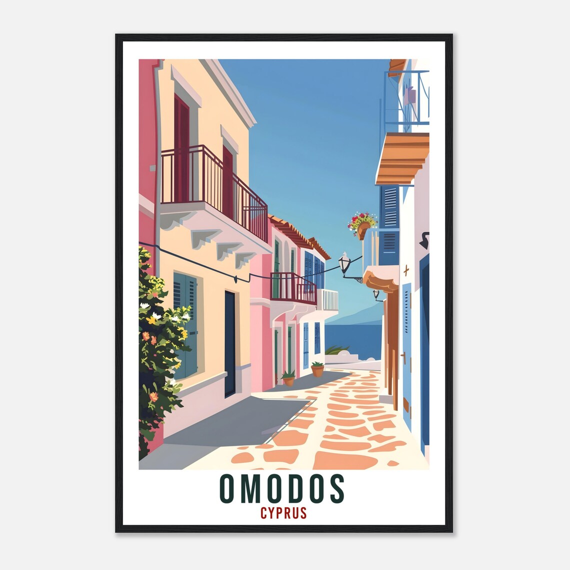 Omodos Cyprus Village Lane Pastel Houses Bougainvillea Travel Poster - Image 4