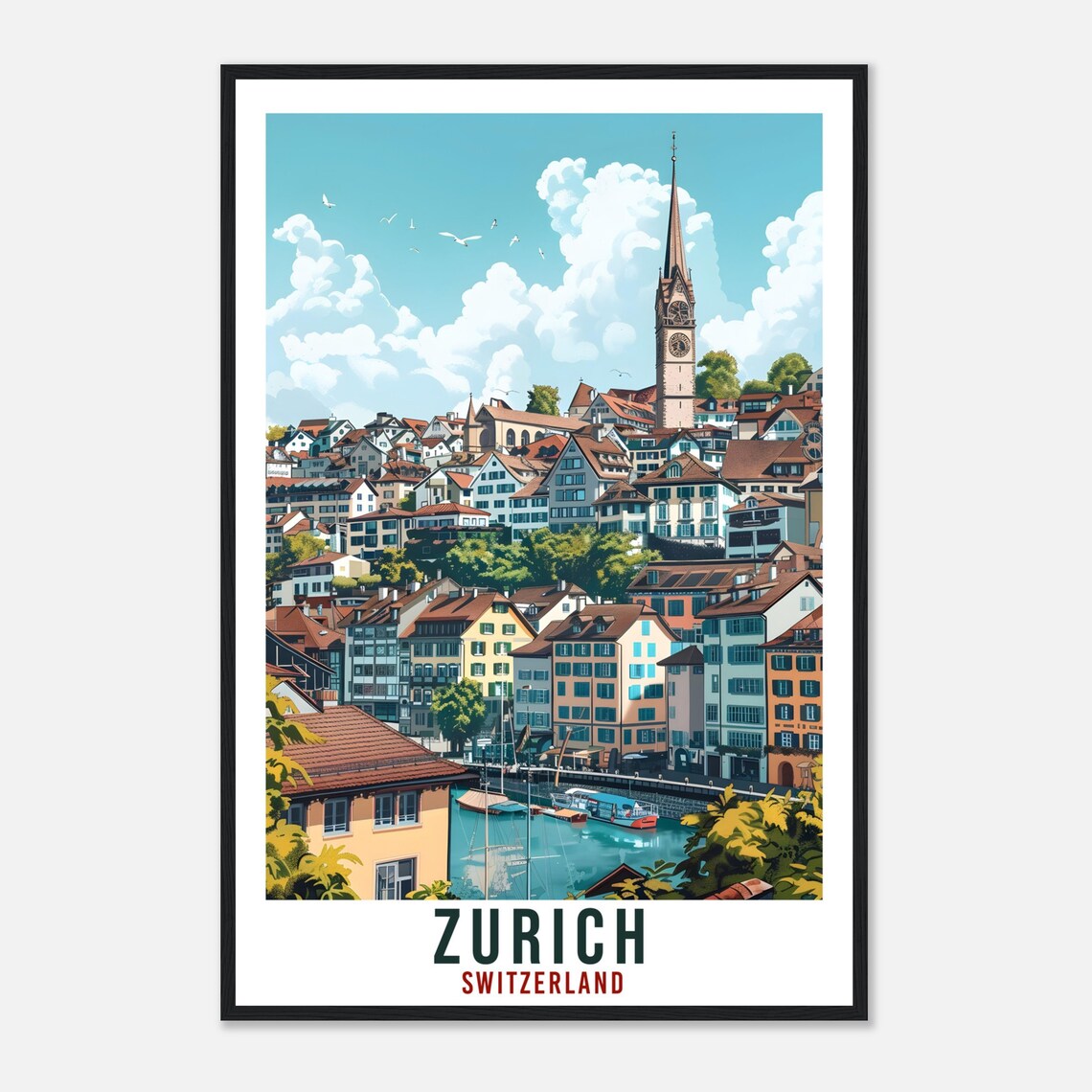 Zurich Switzerland Old Town Church Spire Riverfront Travel Poster - Image 4