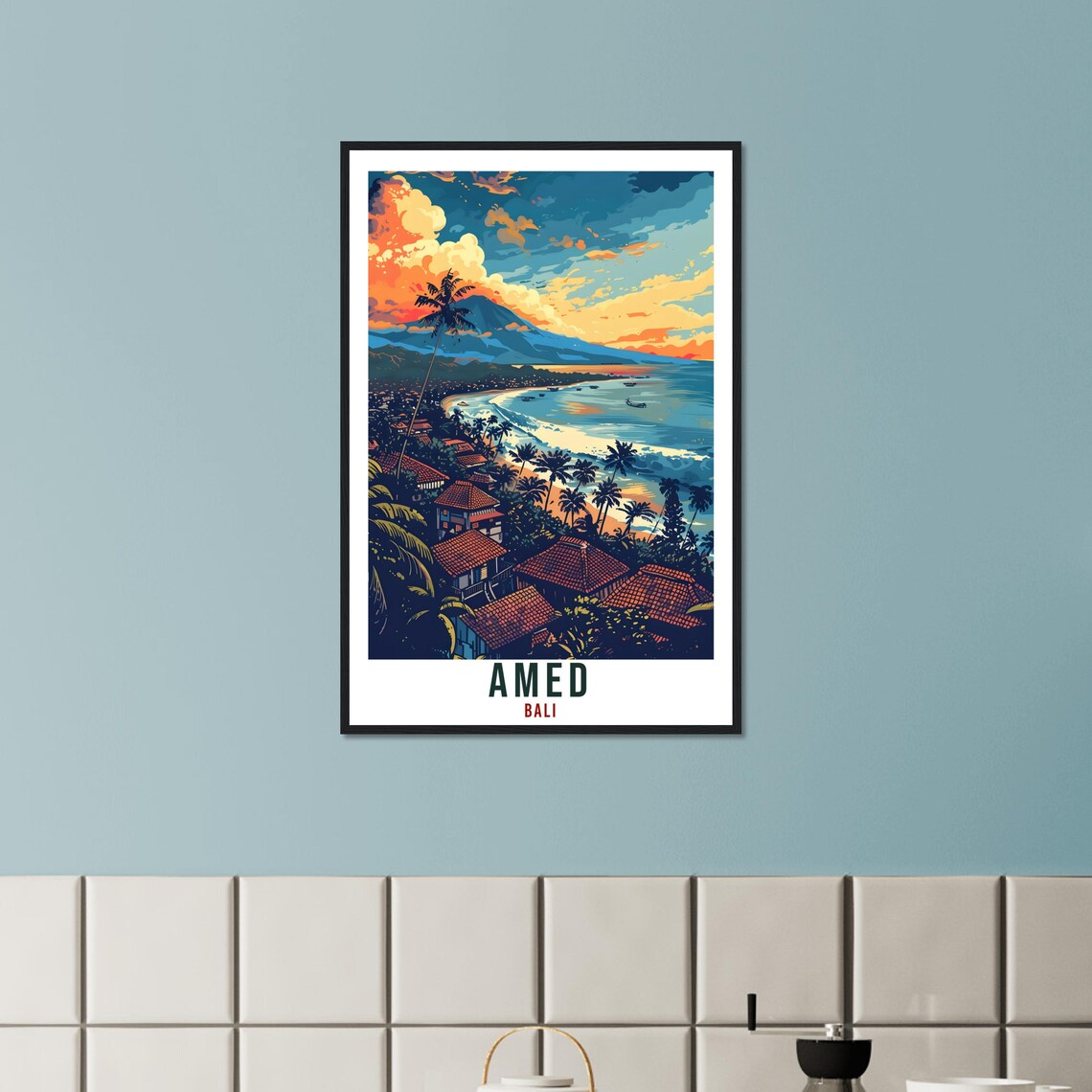 Amed Bali Sunset Coast Fishing Village Volcano Travel Poster - Image 2