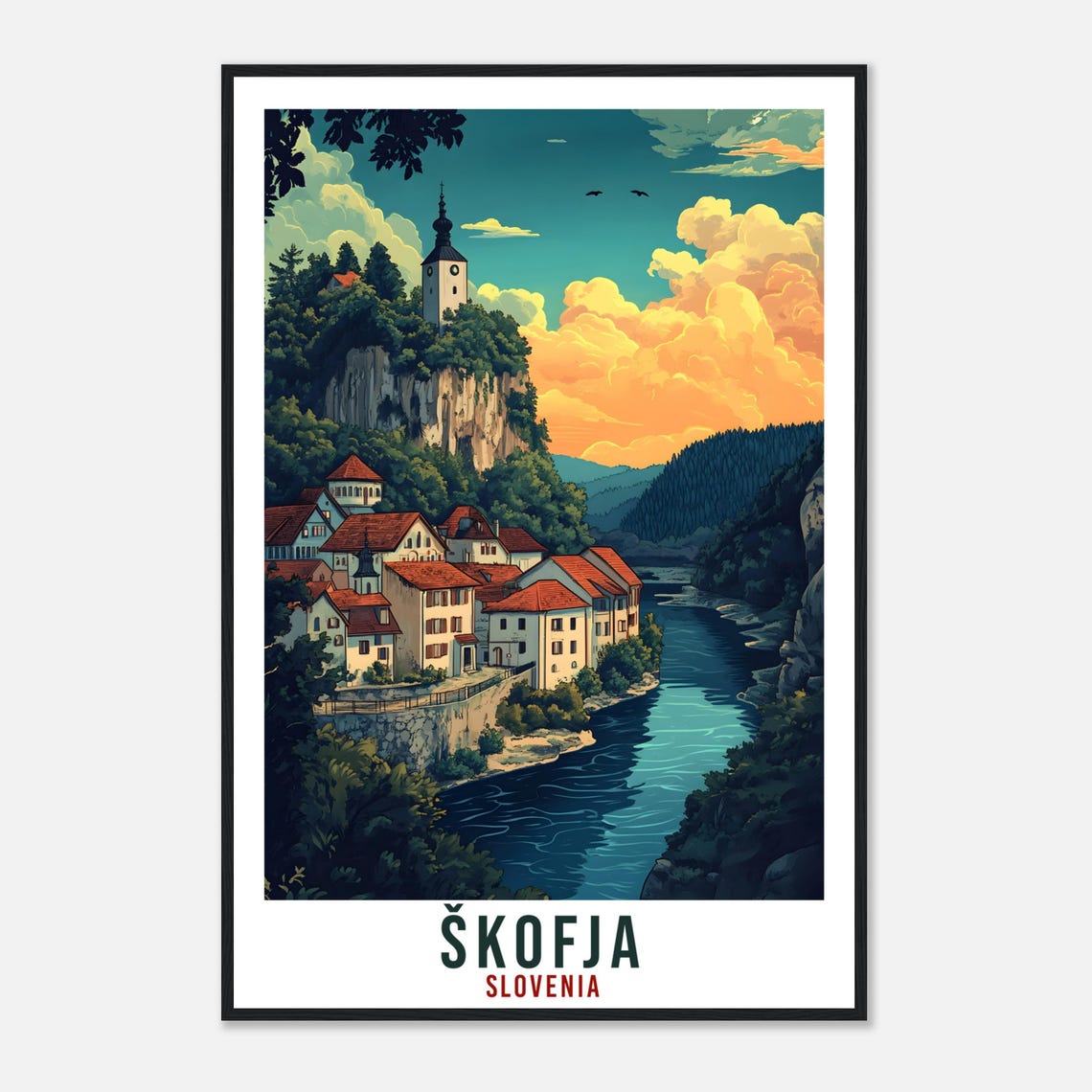 Skofja Slovenia River Bend Cliff Church Golden Clouds Poster - Image 4