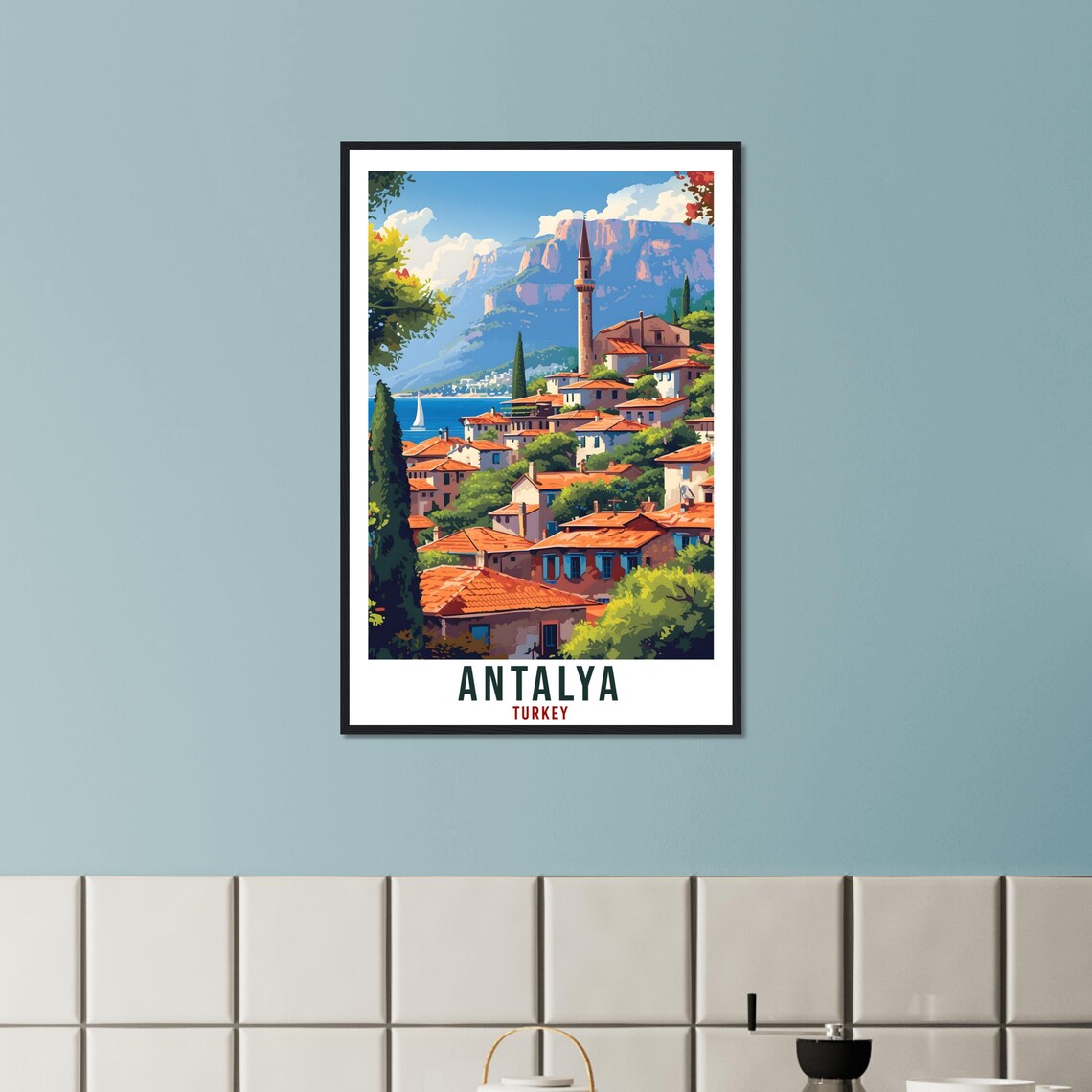 Antalya Turkey Old Town Minaret Harbor Mountains Travel Poster - Image 3