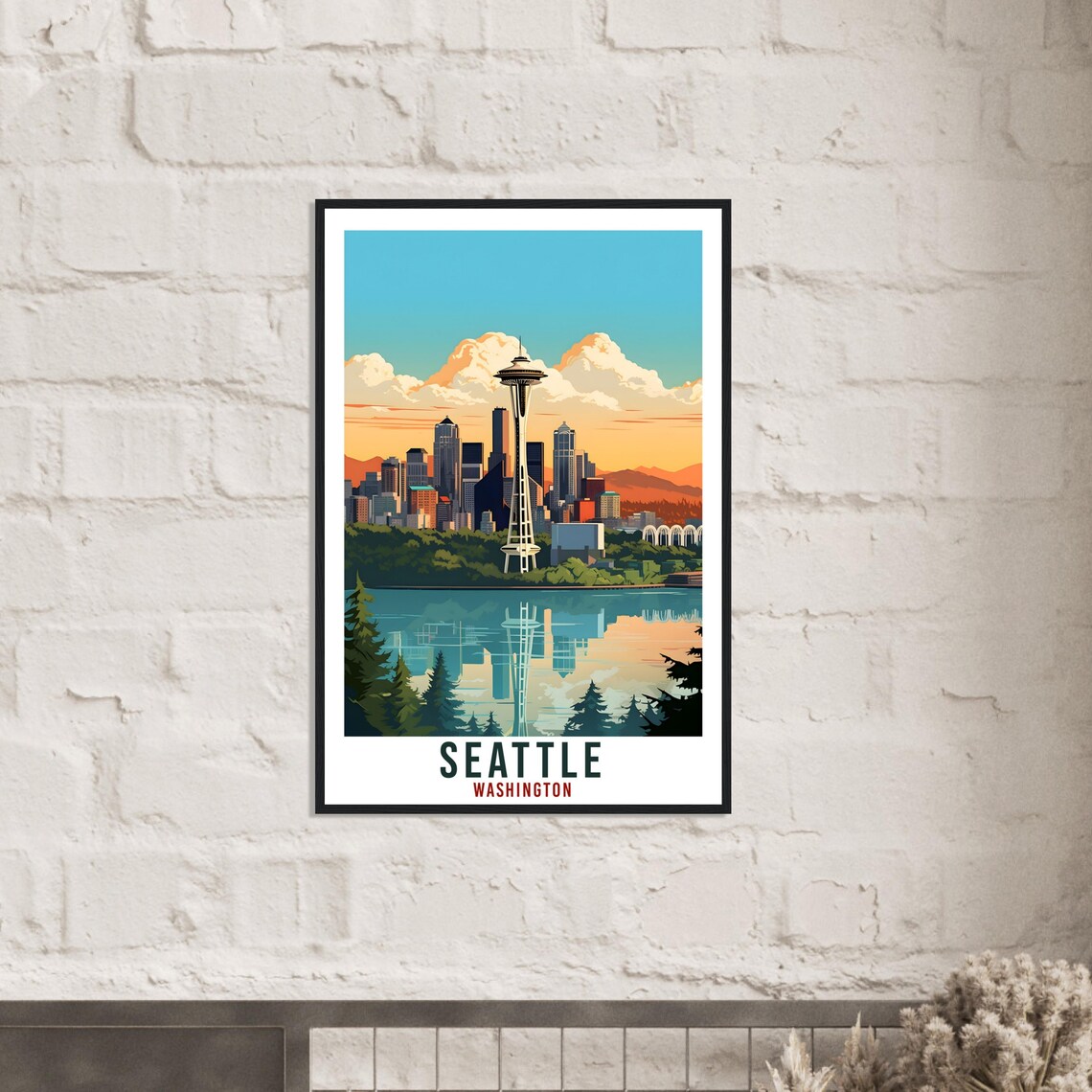 Seattle Washington Space Needle Skyline Water Reflection Art Poster - Image 2