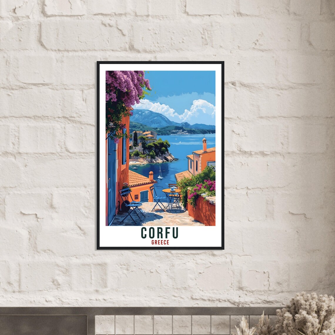 Corfu Greece Seaside Cafe Terrace with Bougainvillea Travel Poster - Image 3
