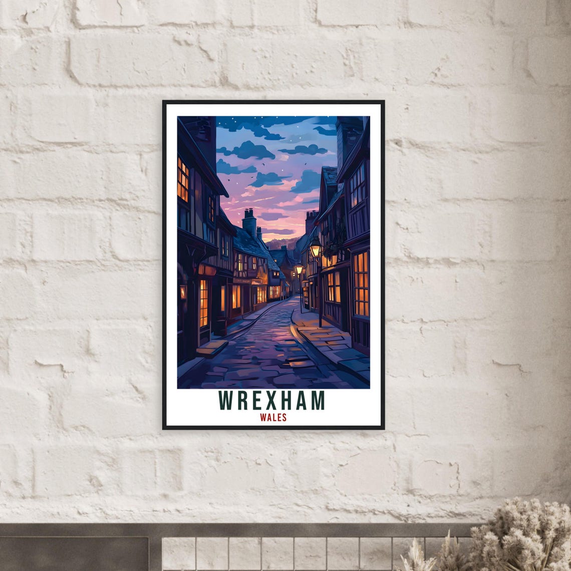 Wrexham Wales Old Town Dusk Cobbled Street Lantern Light Poster - Image 2