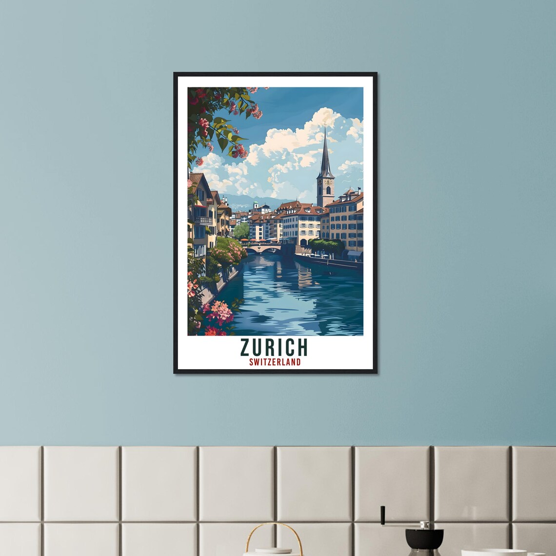 Zurich Switzerland Travel Poster Riverside Old Town Church Spire View - Image 3