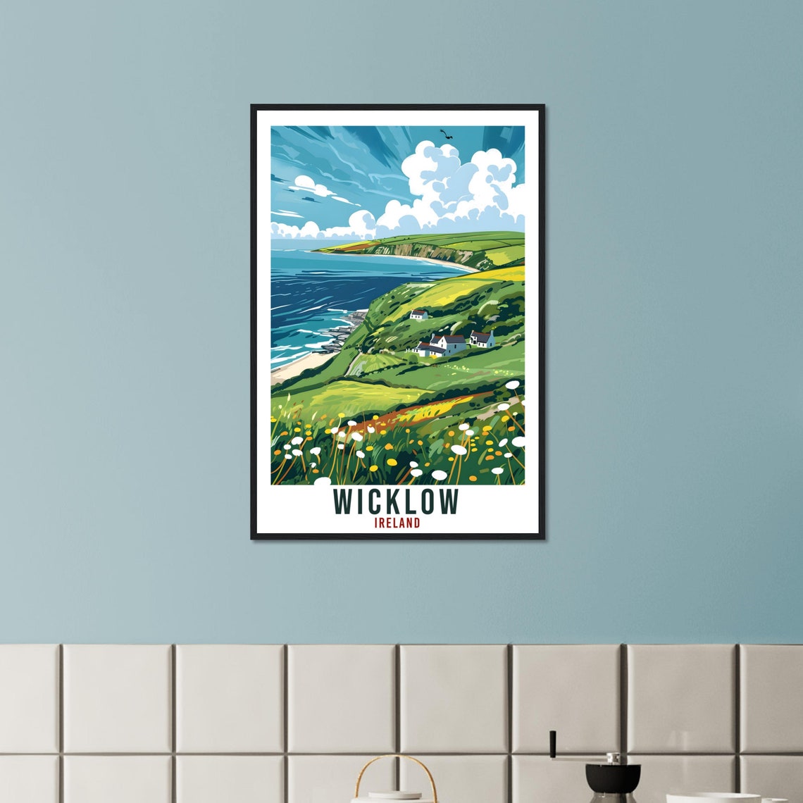 Wicklow Ireland Green Coastal Cliffs Meadow Vintage Travel Poster - Image 2