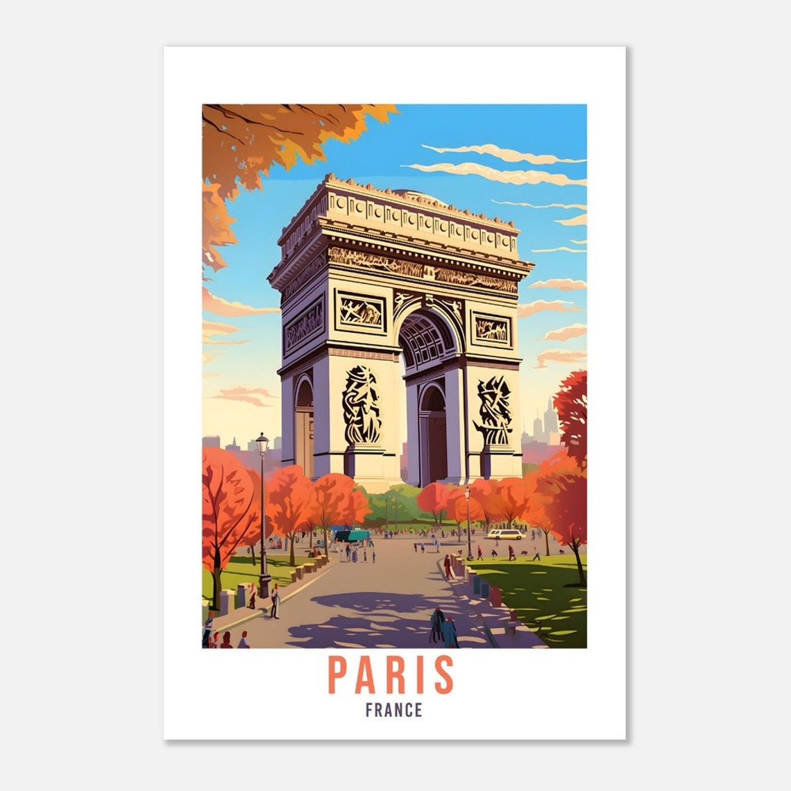 Paris France Arc de Triomphe Autumn Trees Avenue Scene Poster