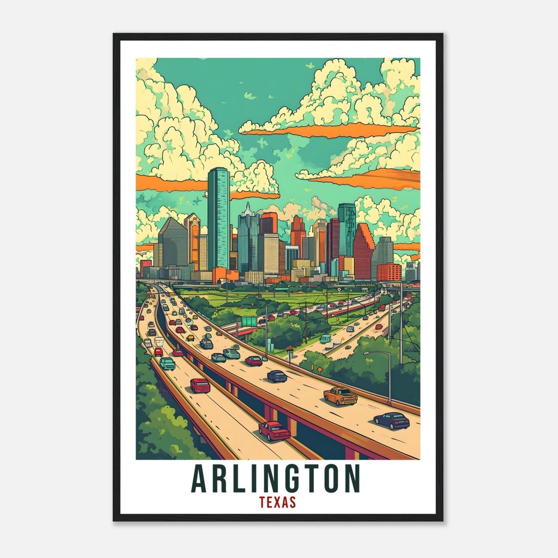 Arlington Texas Downtown Skyline Highway Retro Style Travel Poster - Image 4