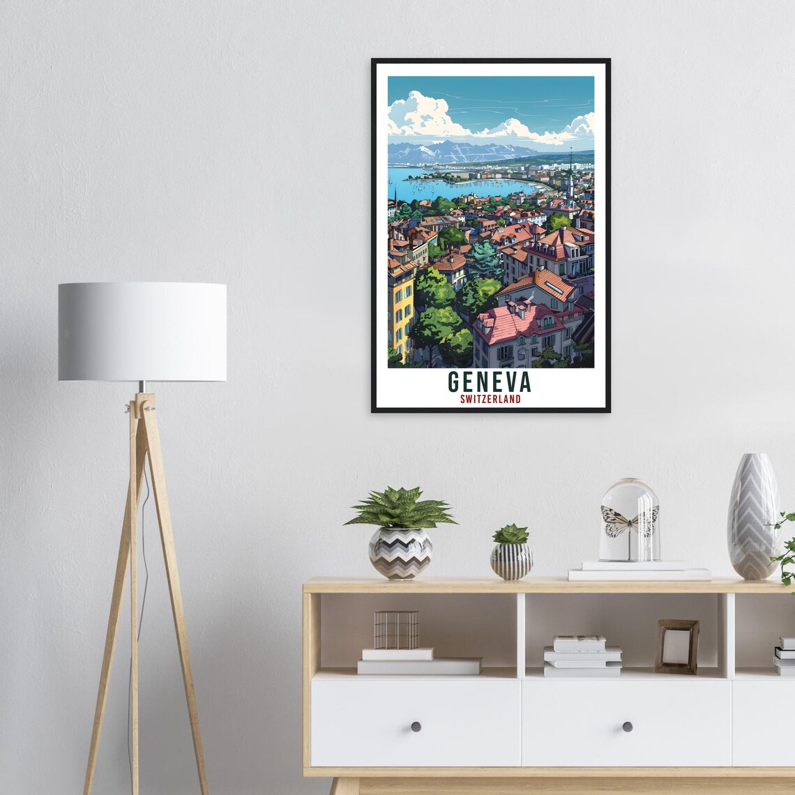 Geneva Switzerland Lakeside Rooftops Lake Panorama Travel Poster - Image 2