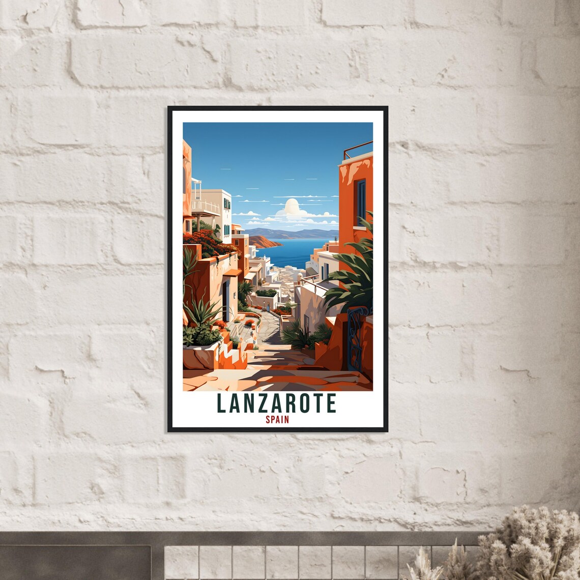 Lanzarote Spain Sunlit Old Town Alley to the Sea Coastal Travel Poster - Image 2