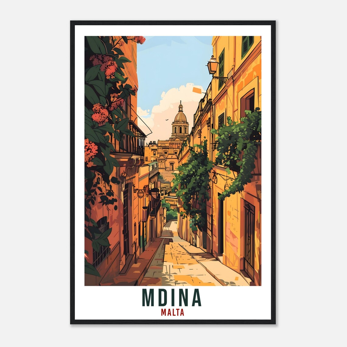 Mdina Malta Narrow Street Cathedral Dome Old Town Travel Poster - Image 4