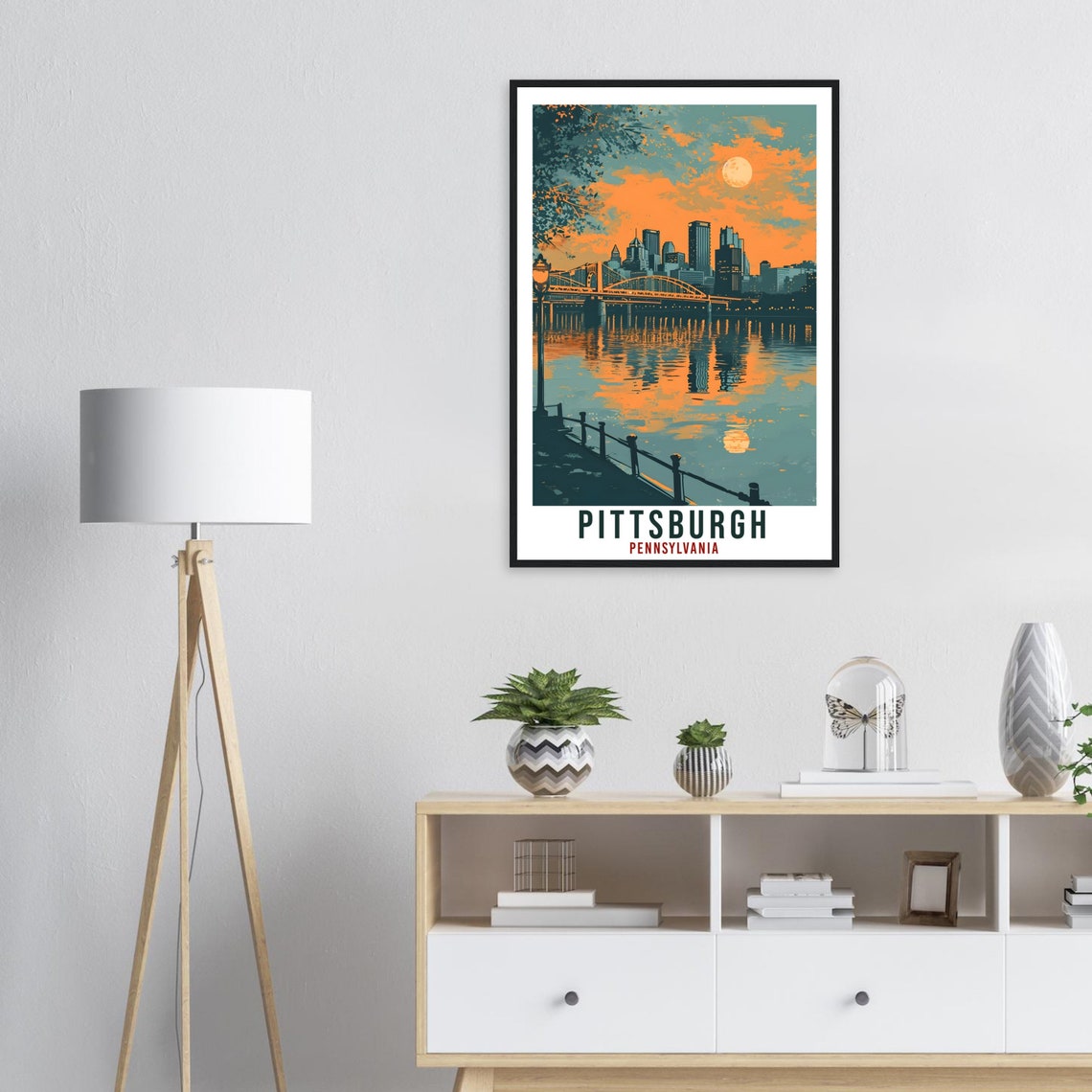 Pittsburgh Moonlit Bridge River Skyline Pennsylvania Vintage Poster - Image 3