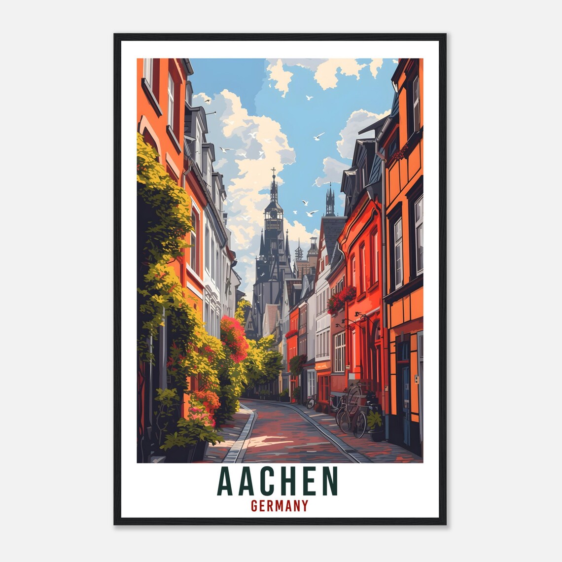 Aachen Germany Vintage Travel Poster Old Town Street Cathedral - Image 4