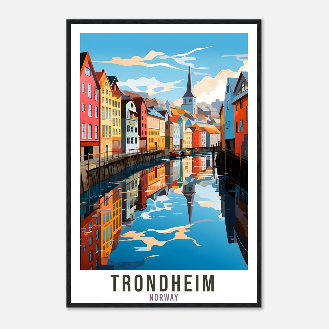 Trondheim Norway Waterfront Travel Poster Colorful River Houses - Image 4