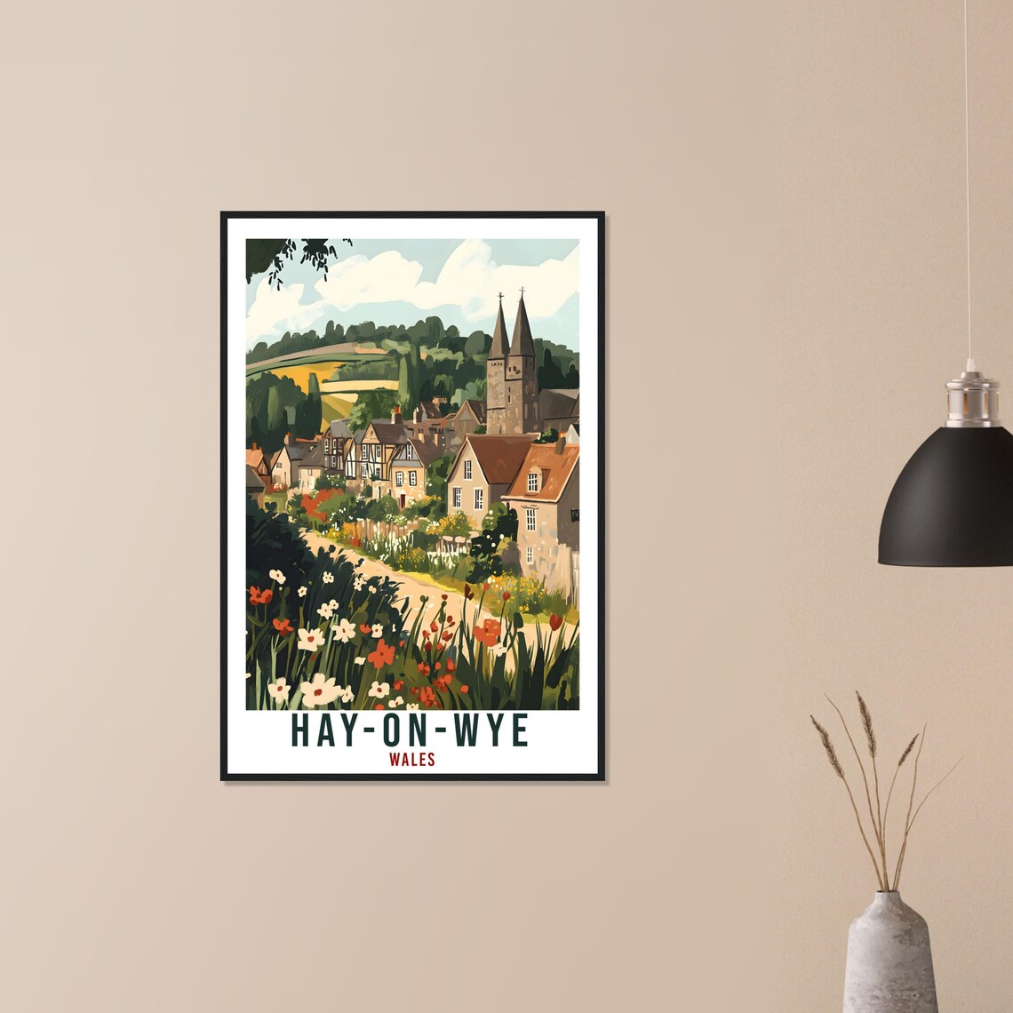 Hay on Wye Wales Book Town Church Spires Floral Travel Poster - Image 3
