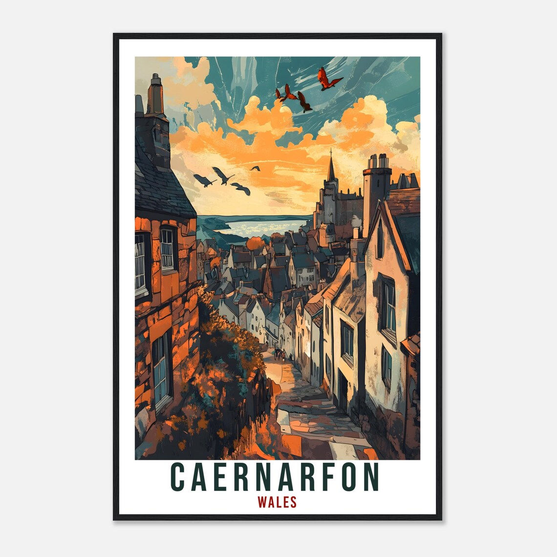 Caernarfon Wales Travel Poster Cobblestone Street Sunset Town Artwork - Image 4