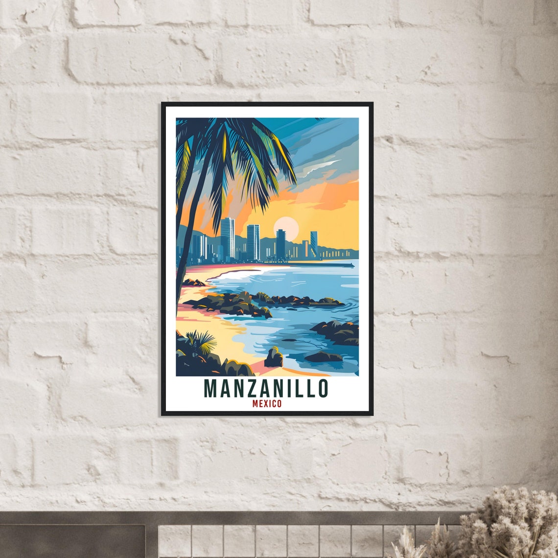 Manzanillo Mexico Pacific City Skyline Beach Rocks Sunset Palms Poster - Image 3