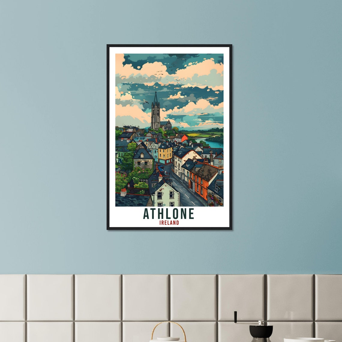 Athlone Ireland Charming Colorful Town Rooftops Travel Poster - Image 2