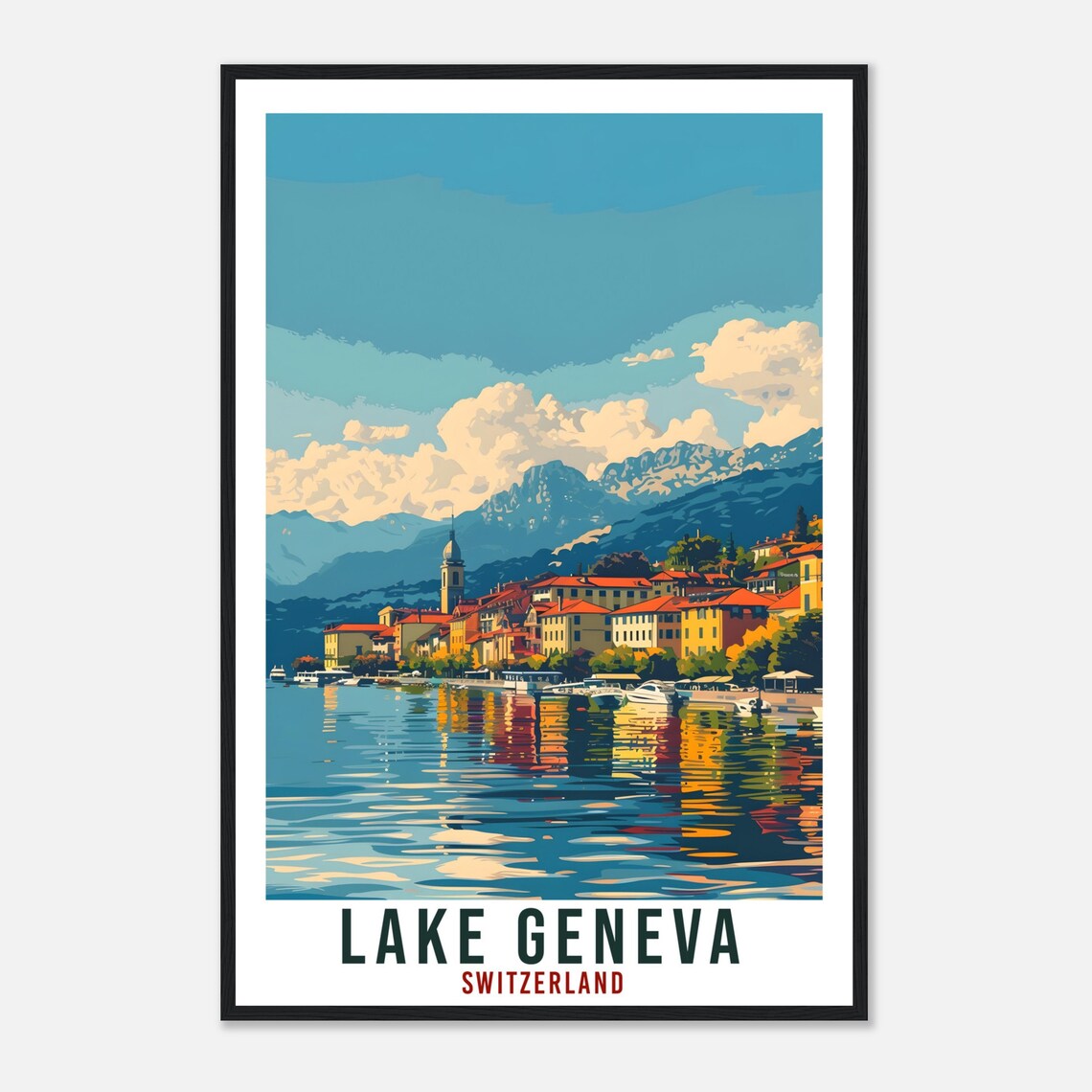 Lake Geneva Switzerland Lakeside Village Boat Reflections Poster - Image 4